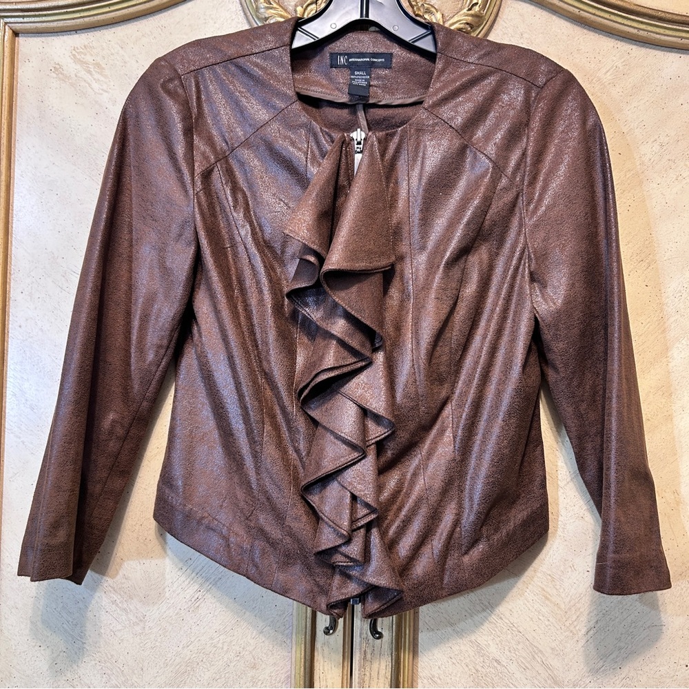 INC International Concepts Brown Faux Leather Suede Ruffle Front Jacket